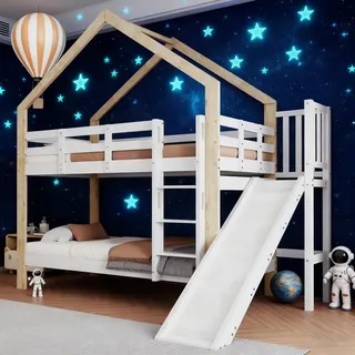 Ball & Cast Etagenbett (90x200cm) mit Hohem Geländer, Holzerner Bettgestell mit Rutsche + Leiter, EStabil & Rauschlos, Weiß+Natur