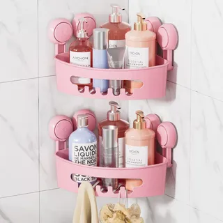LEVERLOC Duschablage Saugnapf 2 Stück Badregal Duschkorb ohne Bohren Max Hold 10 KG Bad Duschablage für Shampoo Conditioner Halter Duschkorb Kunststoff für Badezimmer Küche Organizer - Rosa