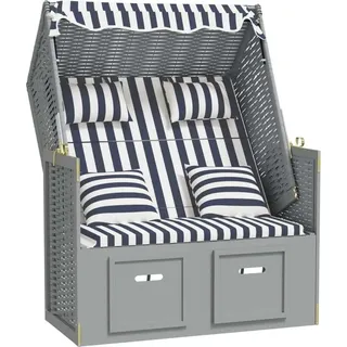 Strandkorb mit Kissen Poly Rattan und Massivholz Blau & Weiß - Blau