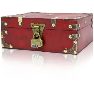 Forbabe Schatztruhe Holz, 24 X 17 X 10cm - Vintage Schatzkiste mit Schloss Piraten Schatztruhe Kinder, Geschenk Truhe Schatztruhe Hochzeit für Aufbewahrung Dekoration (Rot)