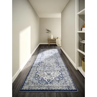 Villeroy & Boch Kurzflor Teppich Gabrielle - Klassischer Wohnzimmerteppich - Traditioneller Teppich für Wohnzimmer, Schlafzimmer, Esszimmer, Flur, Küche – Creme Blau, 80x240cm