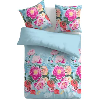 Bettwäsche 2-tlg. ( Frühjahrsblumen Blau ) 100% Satin Baumwolle, 135x200cm und 80x80cm Set, kuschelig weicher Bettbezug - mit Reißverschluss - Blau