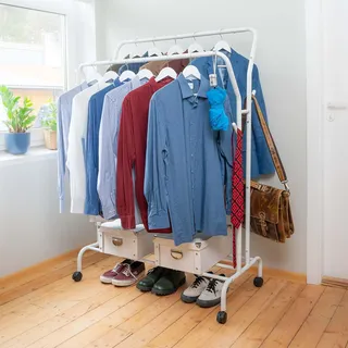 Tatkraft Swan - Kleiderständer, Kleiderständer Metall, Jackenständer, Schwerlast Kleiderständer, 2 Kleiderstangen, bis 100kg belastbar, auf Rollen, weiß