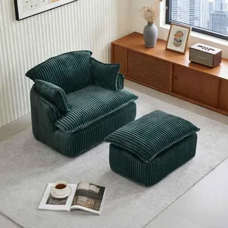 AIORBER Sessel mit Hocker Cord Stoff, moderner Loungesessel weich gepolstert, kompakter Relaxsessel für Wohnzimmer und kleine Räume, Grün - Grün