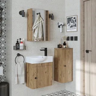 Badmöbelset - PUNTO - Unterschrank mit Waschbecken - Badezimmer Möbel - Gäste WC - Braun