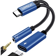 LAMSCAT USB C auf Klinke Adapter und Laden, 2in1 Typ C auf 3.5mm Adapter Kopfhörer Android Handy PD60W Schnellladung für Samsung S22/S21/, Pixel 7/7pro/6, pad Mini 6 und mehr (blau)