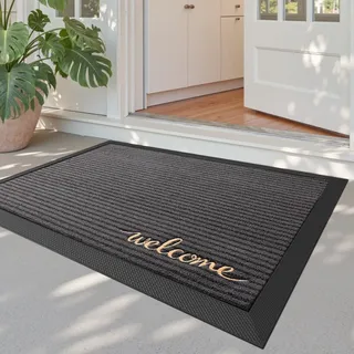 DEXI Fußmatte Außen, rutschfest, 60 x 90 cm, Welcome Grau | Schmutzfangmatte, pflegeleicht, wetterfest, wasserdichter Gummiboden, dünnes Design, für Eingang, Haustür und Terrasse