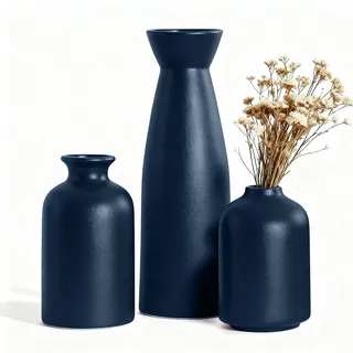 Weiße Keramik Vase Satz Boho Keramik Vase Matt Rund für DekorNeutral Einfach Weiße Keramikvase für Tisch,Kaminsims,Bücherregal (blau)