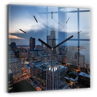 Wallfluent Wanduhr – Stilles Quarzuhrwerk - Uhr Dekoration Wohnzimmer Schlafzimmer Küche - Zifferblatt mit Striche - schwarze Zeiger - 30x30 cm - Foto von Chicago - Blau