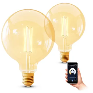 SSC-LUXon 2er Pack smart E27 Vintage Globe Filament LED Lampe kompatibel mit Alexa & Google - WLAN Glühbirne dimmbar CCT 2200-5500K