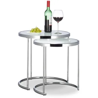 Relaxdays Satztische rund, Chromgestell, 2er Set, modernes Design - Milchglas, Couchtisch Metall, Beistelltische, silber,