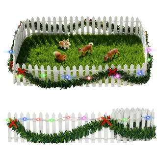 Sprinlot Mini Holz Zaun, Weiß Miniatur Deko Holzzaun, Beleuchtung Mini Gartenzaun, Deko Miniatur Zaun mit Lichtern Bunt