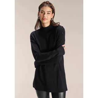 Stehkragenpullover TAMARIS, Damen, Gr. 32/34 (XS), schwarz, Feinstrick, Obermaterial: 50% Viskose, 28% Polyester, 22% Polyamid, unifarben, lässig geschnitten Po-bedeckend, Rippstrickbündchen, Pullover Stehkragenpullover, mit Knöpfen an der Schulter