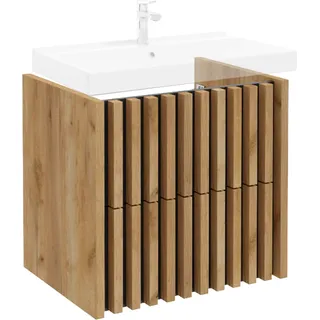 Lomadox Waschtischunterschrank 60cm für Waschbecken LUCCA-107 in Eiche mit schwarz, B/H/T: ca. 60/56/45 cm - Braun