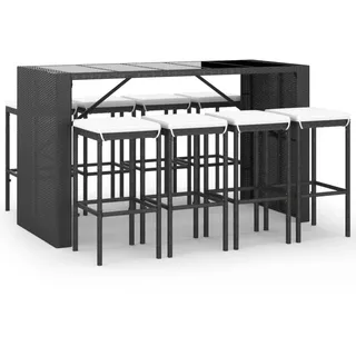 vidaXL 9-tlg. Gartenbar-Set mit Kissen Schwarz Poly Rattan - Schwarz