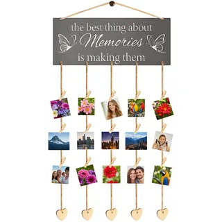 YyiFcg 32 Stück Bilderrahmen Collage Fotowand mit Klammern, Holz Fotorahmen für mehrere Fotos mit verstellbaren Seilen und Herzen, DIY Wanddekoration für Wohnzimmer Schlafzimmer