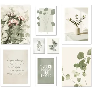 ARTFAVES® Poster Set - EUCALYPTUS - mehrteilige Wanddeko Wohnzimmer & Schlafzimmer - 8 moderne Wandbilder Eukalyptus, Pflanzen, grün, natur, Boho - ohne Bilderrahmen