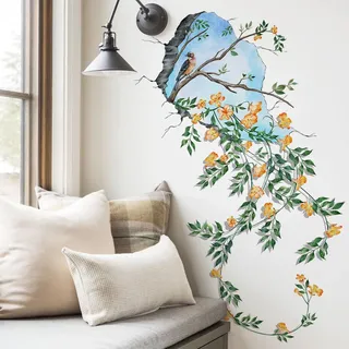 WandSticker4U®- Wandtattoo BLUMEN RANKE 3D Effekt (56x118 cm) I Wandsticker Blumen Aufkleber Frühling Pflanzen Vogel Wanddurchbruch Himmel I Wanddeko Wohnzimmer Schlafzimmer Küche Möbel Aufkleber