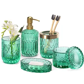 EMPO 6-teiliges Badezimmer-Zubehör-Set aus klarem Glas (Lotion-Seifenspender, Seifenschale, Zahnbürstenhalter, Becher, Wattestäbchen-Glas), Moderne Dekoration, Kristall-Vintage-Geschenk (Jade)
