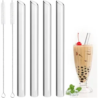 4 Stück Bubble Tea Strohhalme Glas, Boba Strohhalme mit 2 Reinigungsbürsten, 14mm Wiederverwendbar Boba Straw, Groß Breite Trinkhalme Glasstrohhalme Strohhalm für Cocktails, Smoothies, Säften, 21.5cm