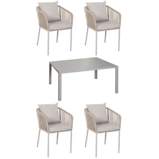 Mendler Gartengarnitur HWC-N41, Tisch+4xStuhl, wetterfest Alu 140x80cm, Seilgeflecht Rope ~ grau Kissen grau