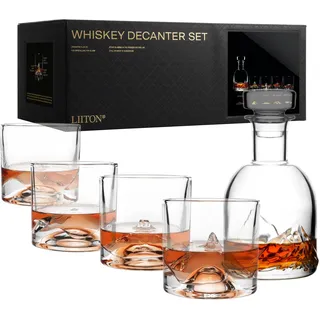 Exllusiv Whisky Gläser The Peaks 5-teilig aus Kristallglas, Tumblergläser mit Whiskey Dekanter, Denali, Everest, Fuji & Mont Blanc, Geschenke für Männer, Gin, Bourbon, Rum, Trinkgläser Geschenkset