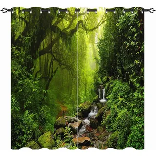 YUANZU Natur Vorhänge Wald Grünes Dschungel Wasserfall Ösen Gardinen mit Blickdichte Thermo Vorhang Kälteschutz Blackout Curtain Wohnzimmer Schlafzimmer Verdunkelung Fenster, 2 Stück, H 220 x B 140 cm