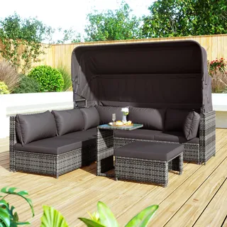 Gartenlounge-SetRattan Sonneninsel Sitzgruppe, Sofa mit Sonnendach, Hocker, Sesseln und Tisch, Outdoor Gartenmöbel, Loungemöbel Balkon und Garten - Grau