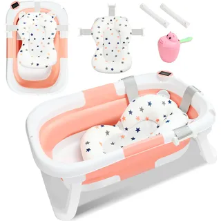 Jopassy Babybadewanne 60,5x43x20,5cmFaltbar Baby Bath Wanne Rosa PP+PTE Babywanne mit Rutschfeste Fußpolster Badewanne Für Babys Kinder (mit Sitzkissen) - Rosa