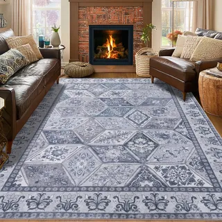 Calinline Blau Großer Perserteppich Teppich Wohnzimmer, 140x200 cm | Vintage Kurzflor Waschbarer Teppich Orientalisch , Rutschfester Schlafzimmer Teppiche, Carpet für Esszimmer Büro Küche