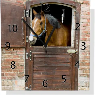 Wallario Design Wanduhr Pferd im Stall aus Aluverbund, Größe 30 x 30 cm - Braun