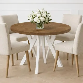 Runder Ausziehbarer Tisch für Esszimmer, PERO, Loft-Stil, Skandinavische, Durchmesser: 100 / 150 cm, Farbe: Eiche Lefkas / Weiß - Dunkelbraun