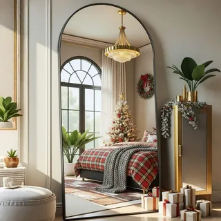 Aplancee Bogen Standspiegel, 180x80cm, Ganzkörperspiegel mit Schwarz Metallrahmen zum Anlehnen oder Aufhängen an die Wand,großer Fußboden Spiegel für Wohnzimmer und Schlafzimmer