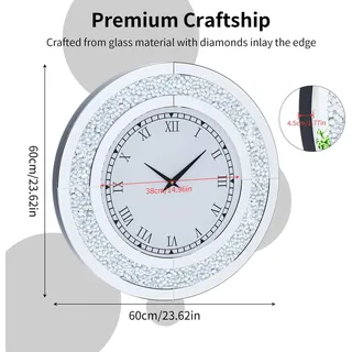Runde Spiegel Wanduhr - Quarzuhr 60 cm - Lautloses Uhrwerk - Glitzernde Wanddeko - Modernes Wohnzimmer Design - Silber