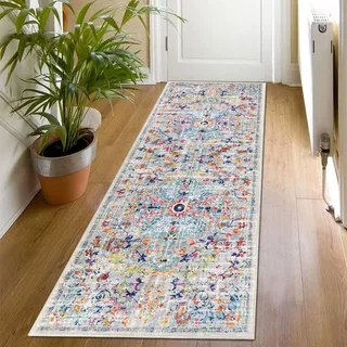 SHACOS Läufer Flur 50x150 cm Boho Teppichläufer rutschfest Küchenteppich Waschbar Kurzflor Flur Teppich Läufer für Küche, Wohnzimmer, Schlafzimmer, Eingang, Bunt