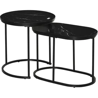 Homcom 2Er Set Couchtisch Satztisch Rund mit Faux Marmor Seite bis 30 kg Stahl Schwarz , Metall, Holzwerkstoff , 50x50.5x50 cm , Wohnzimmer, Wohnzimmertische, Couchtische