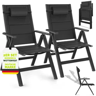tillvex Gartenstuhl mit Polster Premium 2 Stück Schwarz klappbar aus Aluminium | Hochlehner mit Armlehnen | Klappstuhl verstellbar | Klappsessel Balkon Garten Terrasse - Schwarz