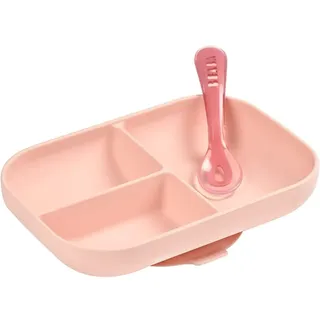 BÉABA, Baby Teller mit Rutschfeste aus Silikon mit Saugnapf, Silikonlöffel, Saugt sich am Tisch/am Essbrett des Hochstuhls fest, Geeignet für die Mikrowelle, Rosa