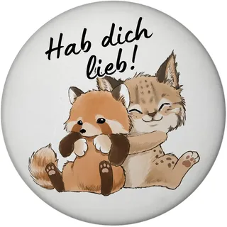 Luchs und Panda Magnet rund mit Spruch Hab Dich lieb Perfekt für Partner oder Freunde eine süße Umarmung zwischen Raubkatze und Panda als Valentinsgeschenk