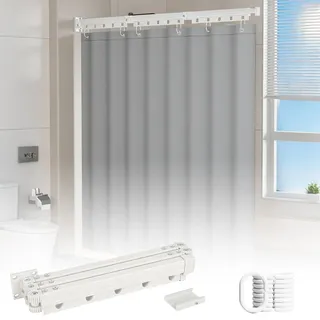 Faltbare Duschvorhangstange mit Duschvorhang, Duschvorhangstange ohne Bohren, Duschvorhang mit Stange, Wasserdicht L/U Form Duschstange für Ecke/Badewanne (Weiß, 3 faltbar)