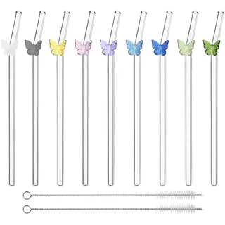 9PCS Glasstrohhalme Glas Wiederverwendbar Trinkhalme mit Schmetterling Motiv, Gebogene Glass Straw aus mit Reinigungsbürsten, Trinkhalme Blume für Cocktails, Säfte und Bubble Tea
