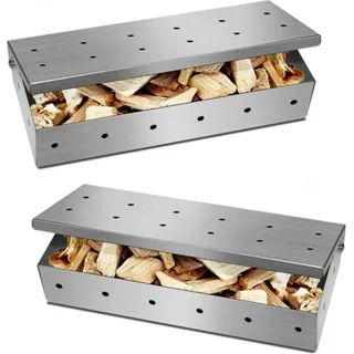 2 x Räucherbox aus Edelstahl für BBQ | Smokerbox 22x9,5x4,4cm mit praktischem Klappdeckel für Gas- und Holzkohlegrills | Räucherchips | verleiht ein rauchiges Aroma | belüfteter Deckel | Grillzubehör