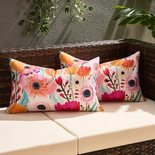 KWLET wasserdichte Outdoor Kissenbezüge 30 x 50 cm Wasserdicht 2er Set, Rosa und Petrolfarben, Blumen Dekoratives Frühlings Sommer Blumenmuster für Terrasse, Balkon, Zelt, Bett, Sofa, Wohnzimmer