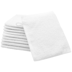 ZOLLNER 10er Set Waschhandschuhe in 16x21 cm - saugstarke und weiche Waschlappen in weiß - mit praktischem Aufhänger - waschbar bis 95°C - Baumwolle - Hotelqualität