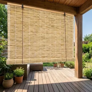 Bambusrollo Wetterfest Aussen, Schilfrohrrollo Natur Sonnenschutz Sichtschutz, Rollo Outdoor für den Balkon, Fenster Rollos für Innen, Jalousien Sichtschutz Bambus(Weißer Faden,90W x 200H cm)