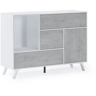 Skraut Home – Sideboard für Wohn- oder Esszimmer – 86 x 120 x 40 cm – Buffet mit 1 Tür + 3 Schubladen – Windmodell – Widerstandsfähiges Holz – Weiß/Zement-Finish