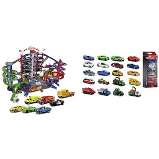 Majorette Super City Garage, motorisierte Bahn für Modellautos mit Parkplätzen und Eisenbahn, Parkhaus für Die-cast Autos & 5-Pieces, Miniaturfahrzeuge, 5er-Set, 4 versch. Ausführungen, 7,5cm