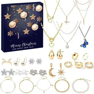 Weihnachts-Advent-Kalender mit Überraschungen - Schmuck-Blindbox mit 24 Tagen Weihnachts-Countdown mit Armreifen, Ohrringen, Ketten und Ringen - Geschenk für Frau, Tochter oder Freundin - Blaue Schachtel
