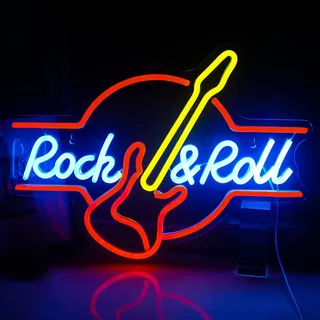 SIGNSHIP Gitarre Rock&Roll Neon Schild USB Powered Neon Sign Licht Buchstaben für Wand Raum Dekor Led Lichter für Schlafzimmer Konzertsaal Bar Club Party Hochzeit Dekoration Geburtstagsgeschenk