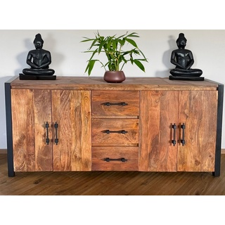 OPIUM OUTLET Sideboard Kommode Schrank Möbel Massivholz Buffet Anrichte komplett montiert braun Vintage Landhaus, L x B x H: 190 cm x 45 cm x 85 cm